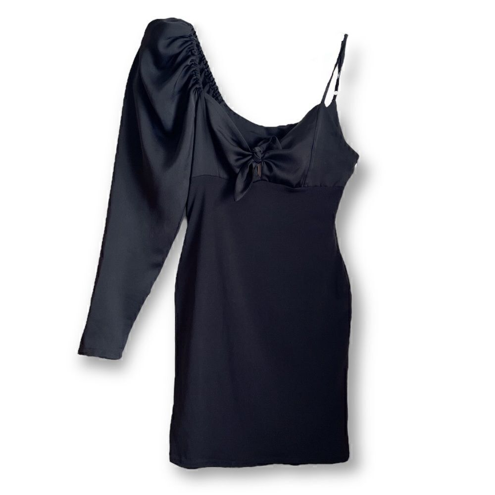 TFNC London Asymmetrical Puff Sleeve Bodycon Little Black Dress, Size Small